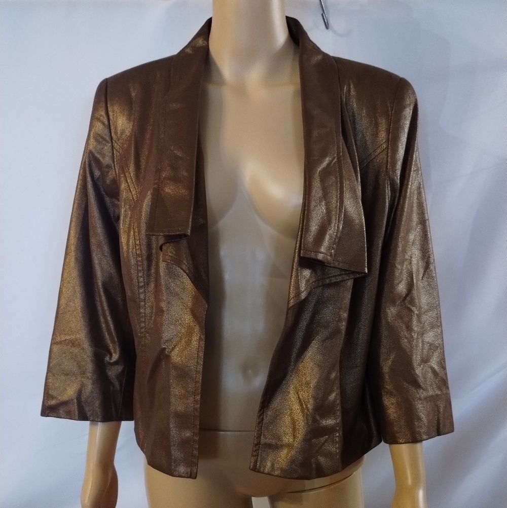 Kim Rogers Petite 10P Bronze Metallic Blazer Jacket Open Front 3/4 Sleeve Career